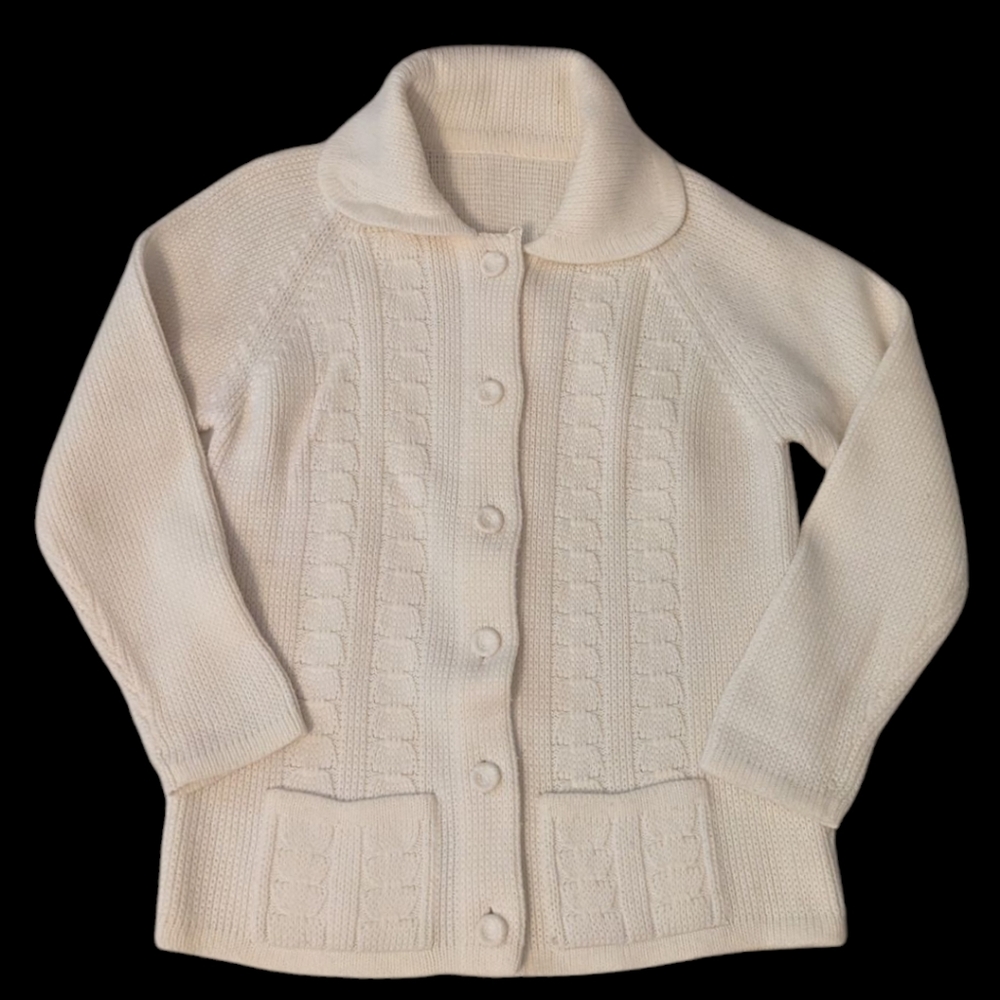 VTG 70s Cream Ivory Cable Knit Oversized Collar Button Front LS Cardigan Sweater
